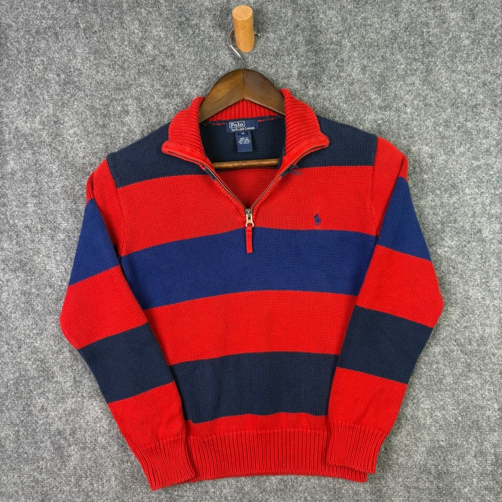 Polo Ralph Lauren Sweater Boys M Red Navy Blue Striped 1/4 Zip Cotton 323058423